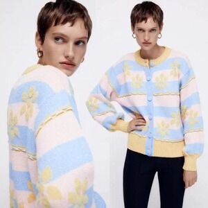 Zara Pastel Floral Jacquard Knit Cardigan Striped Balloon Sleeve Large